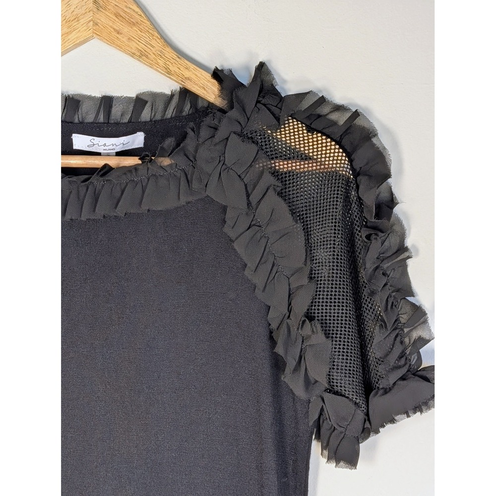 Siani Milano Black Ruffle Mesh Short Sleeve Knit Top Small RN 163742 NWT